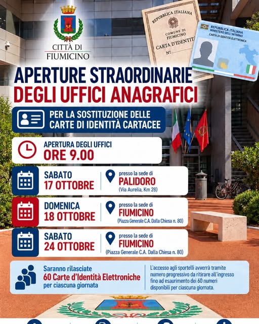 Locandina di Aperture straordinarie degli uffici anagrafici per la sostituzione delle carte di identità cartacee