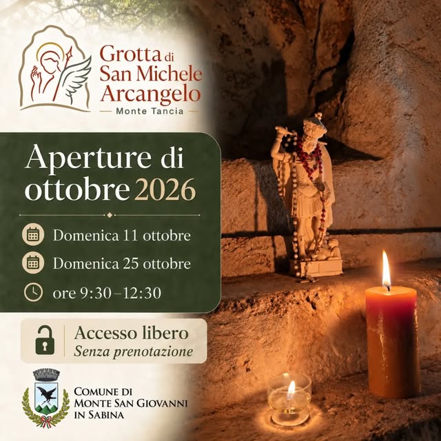 Locandina di Aperture di ottobre 2026 - Grotta di San Michele Arcangelo Monte Tancia
