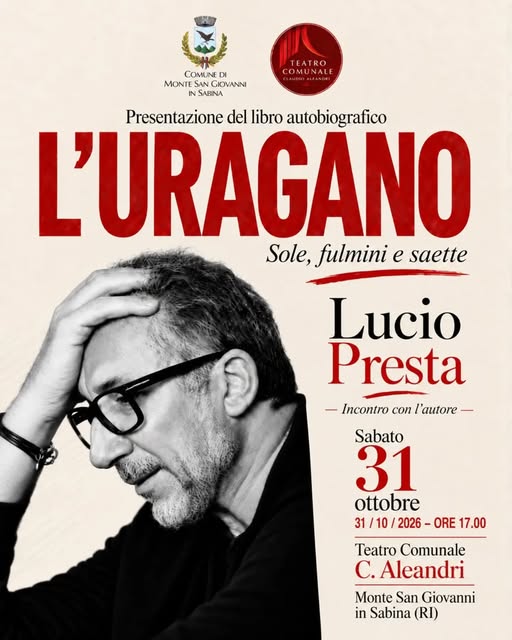 Locandina di Presentazione del libro autobiografico L'URAGANO Sole, fulmini e saette